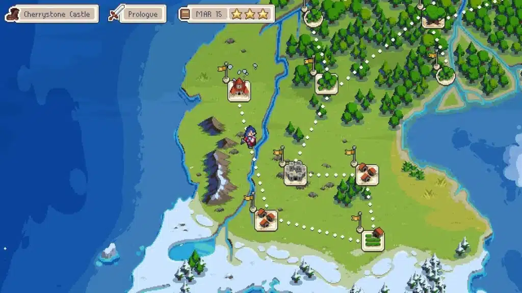 Carte de campagne de Wargroove avec missions et chemins