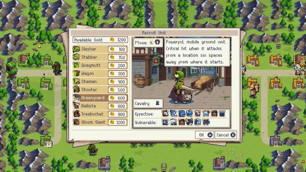 Menu de recrutement des unités dans Wargroove