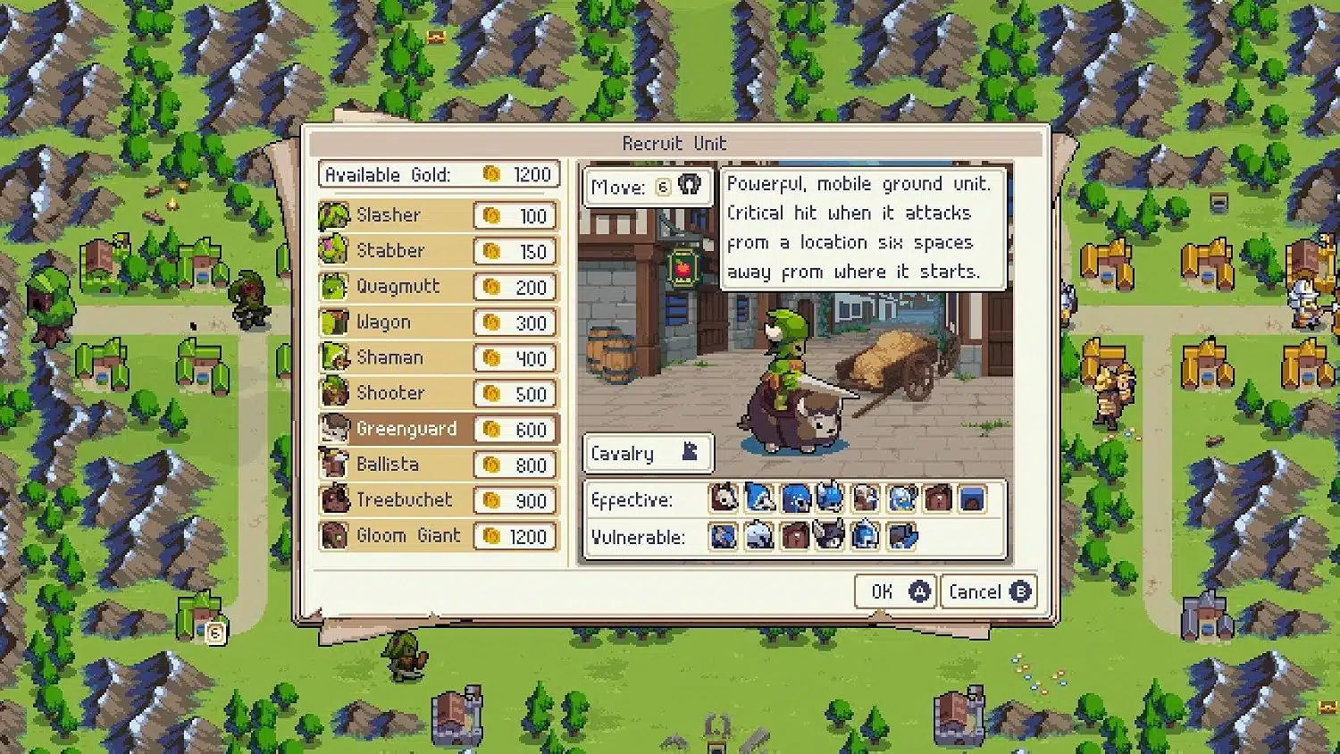 Menu de recrutement des unités dans Wargroove