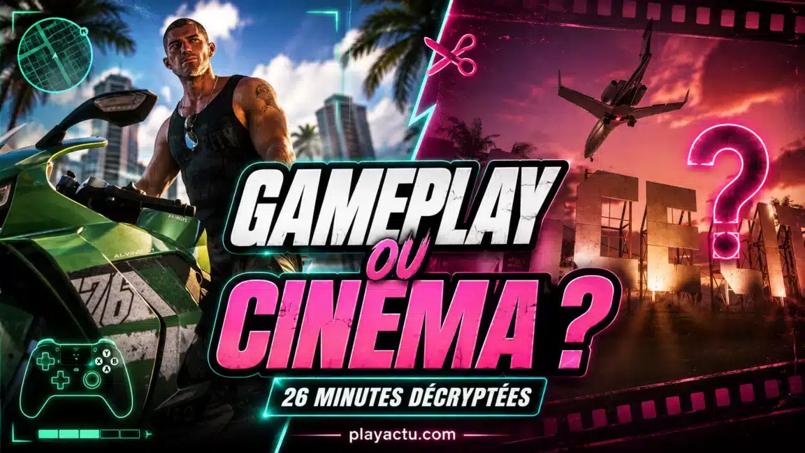 Montage éditorial GTA 6 opposant gameplay contrôlé et séquence cinématique dans Vice City