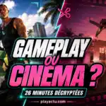 Montage éditorial GTA 6 opposant gameplay contrôlé et séquence cinématique dans Vice City
