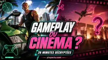 Montage éditorial GTA 6 opposant gameplay contrôlé et séquence cinématique dans Vice City