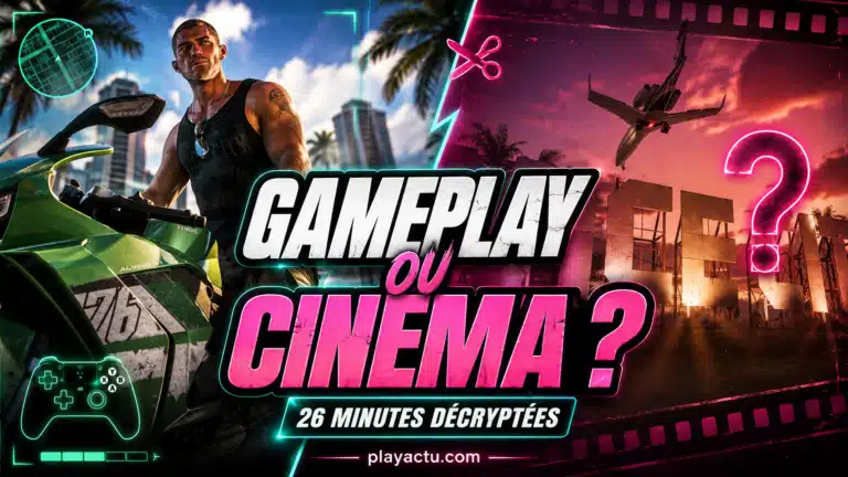 Montage éditorial GTA 6 opposant gameplay contrôlé et séquence cinématique dans Vice City