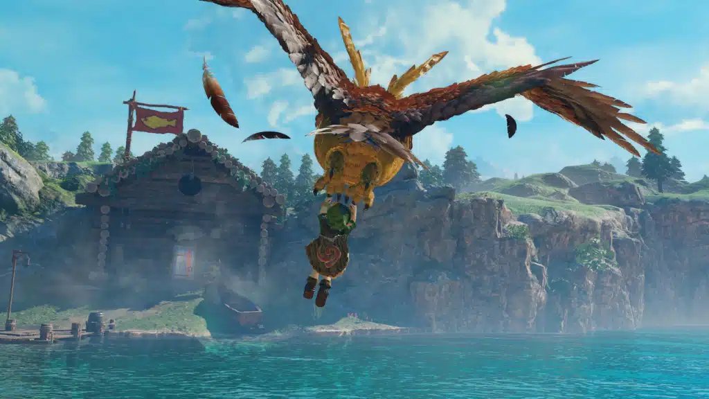 Link enfant emporté par un grand oiseau au-dessus d'un lac dans le remake d'Ocarina of Time