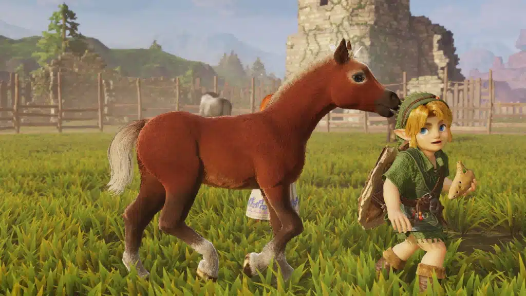 Link enfant court avec un poulain dans une prairie du remake d'Ocarina of Time