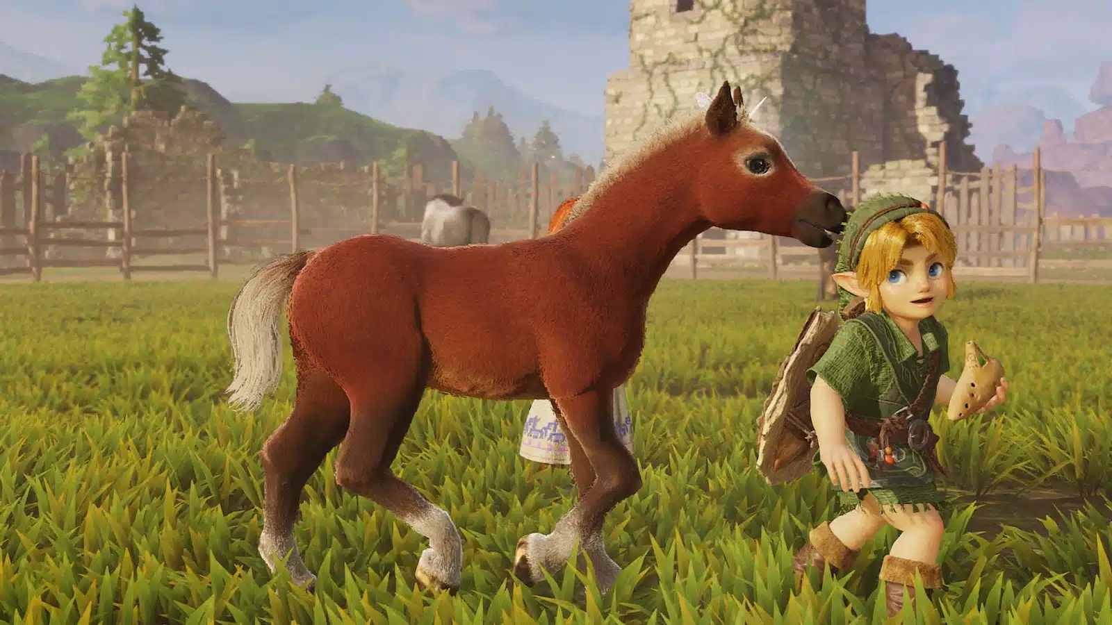 Link enfant court avec un poulain dans une prairie du remake d'Ocarina of Time