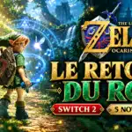 Montage éditorial de Zelda Ocarina of Time sur Switch 2 avec Link, l'ocarina et la date du 5 novembre