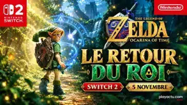 Montage éditorial de Zelda Ocarina of Time sur Switch 2 avec Link, l'ocarina et la date du 5 novembre