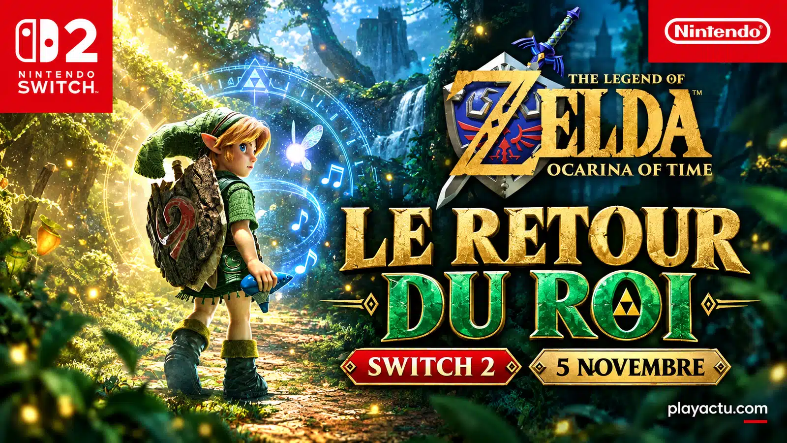 Montage éditorial de Zelda Ocarina of Time sur Switch 2 avec Link, l'ocarina et la date du 5 novembre